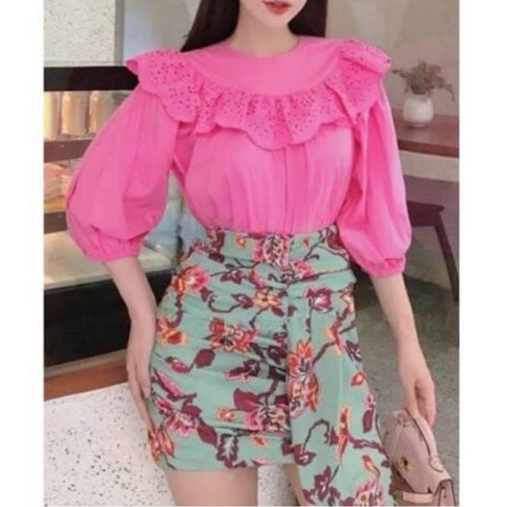 ZARA Eyelet Frilled Poplin Blouse Top Pink XSMALL Balloon Sleeve Women’s NEW - Picture 13 of 16